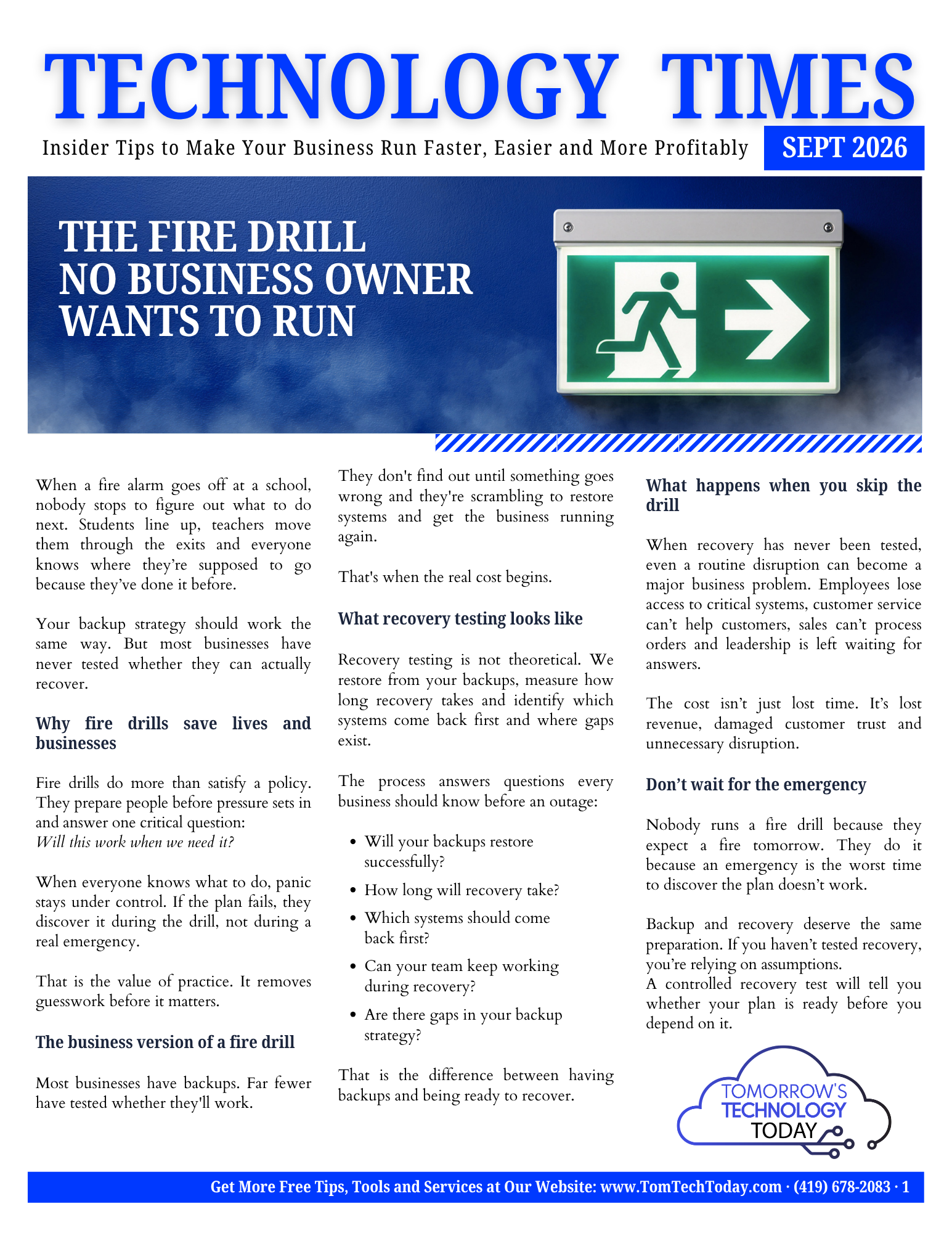 Technology Times September 2026, page 1 - The Fire Drill No Business Owner Wants to Run