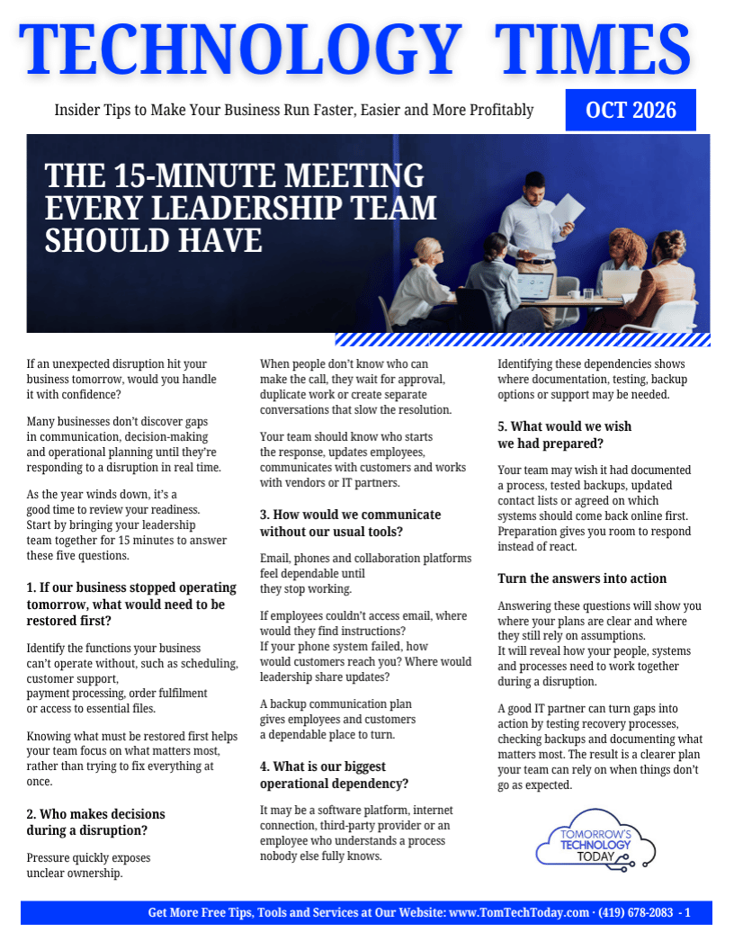 Technology Times October 2026, page 1 - The 15-Minute Meeting Every Leadership Team Should Have