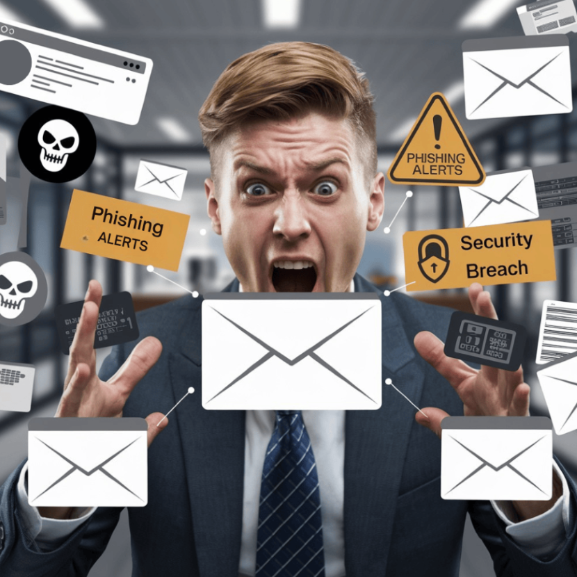 Angry man with floating mail graphics