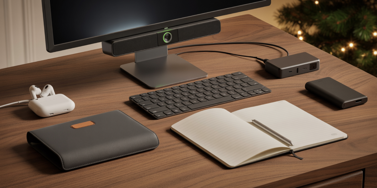Desk with new tech gadgets