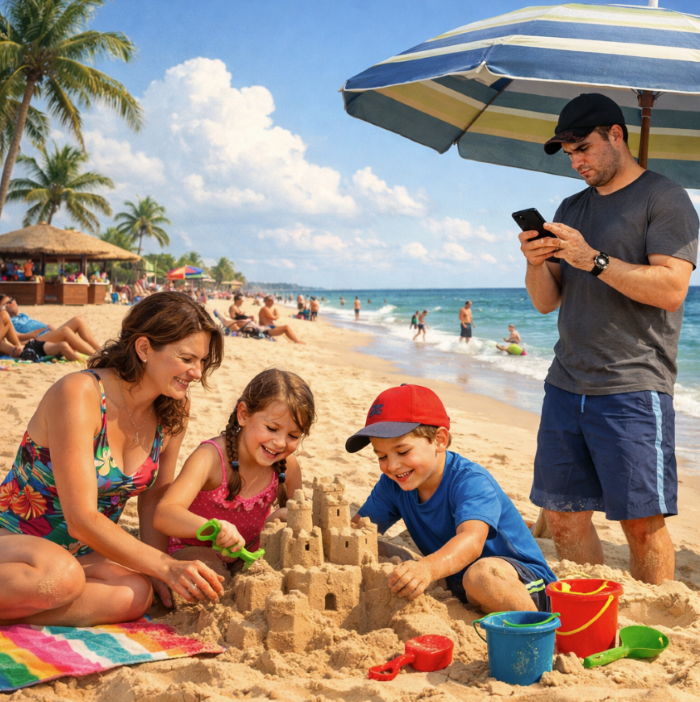 Family at beach building sandcastle father on phone