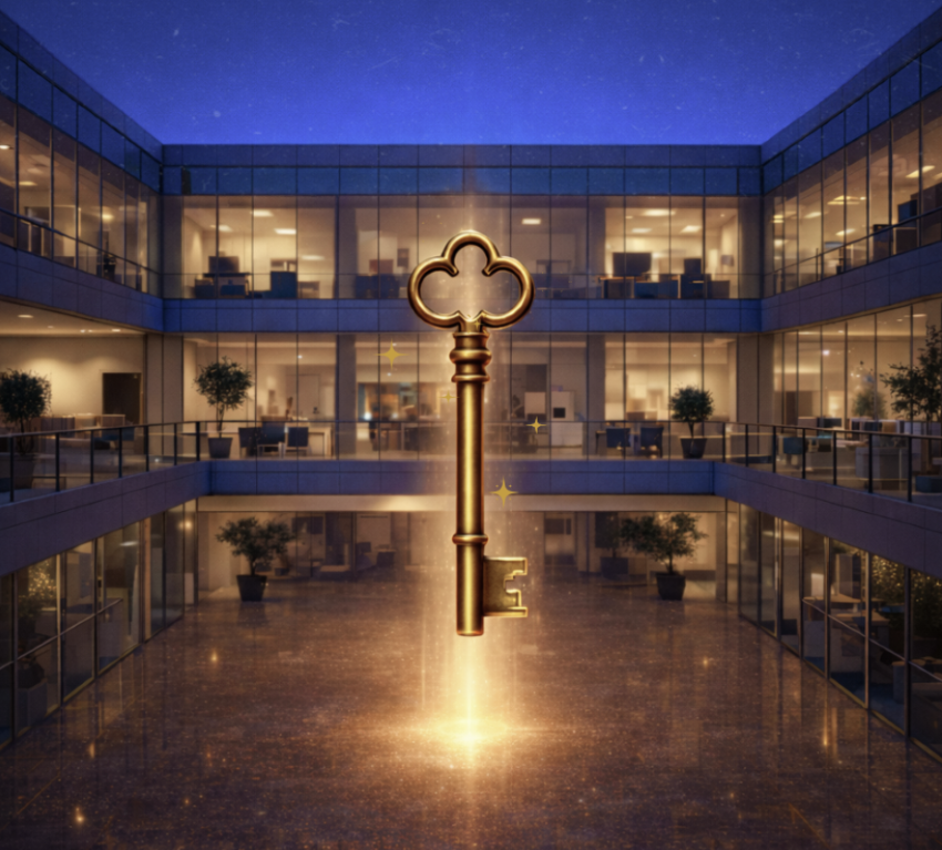 Graphic of glowing key to an office