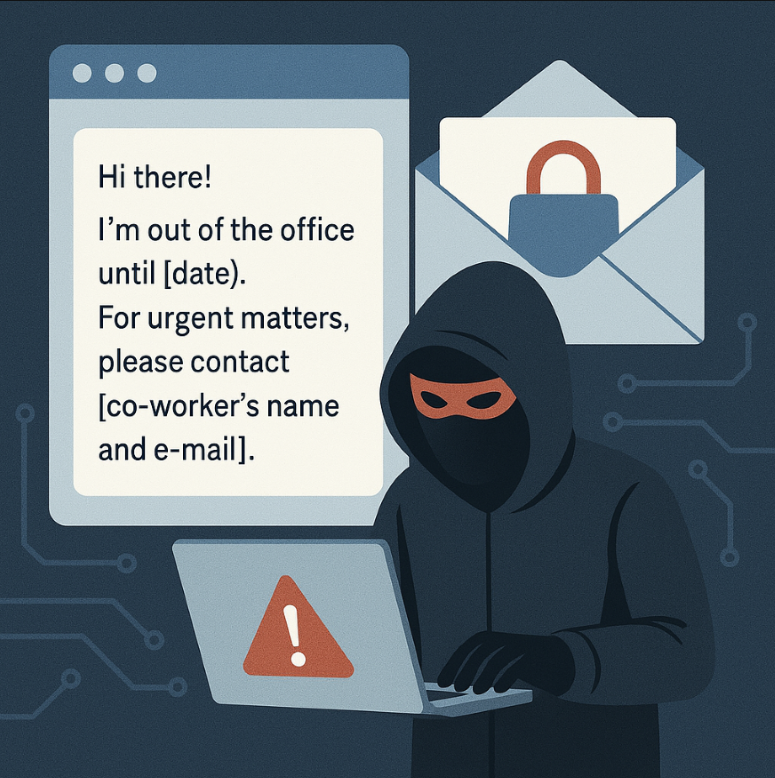 Graphic of hacker looking at laptop