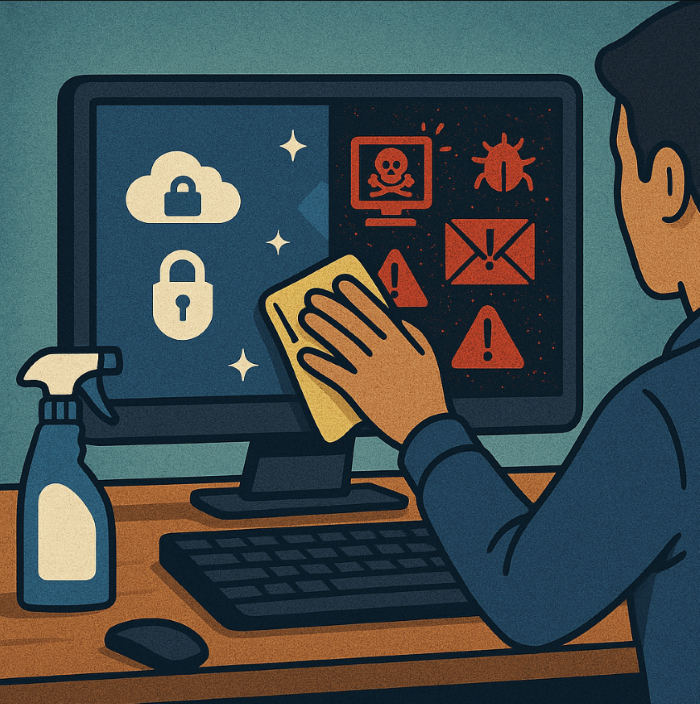 Graphic of man cleaning computer screen