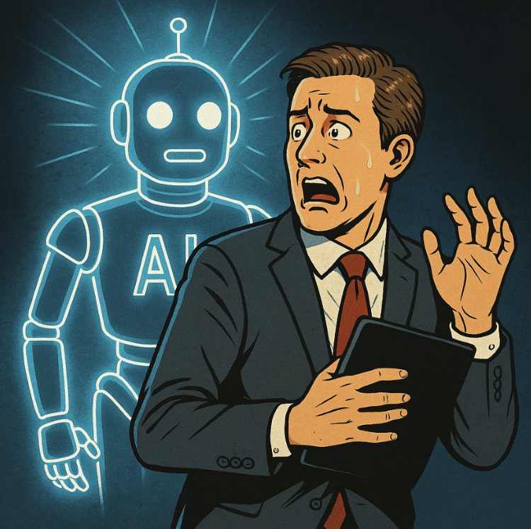 Graphic of man scared of AI robot