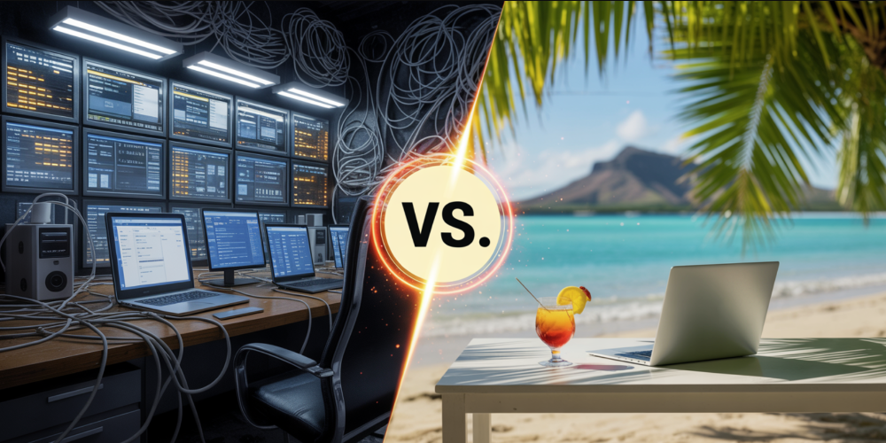 Graphic of office work versus beach work
