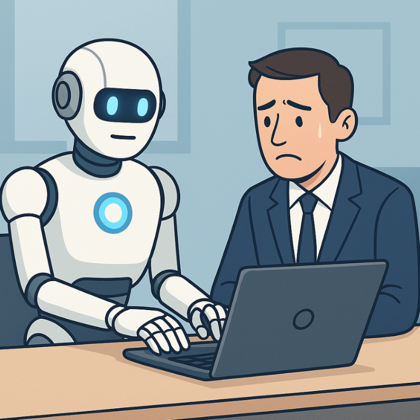 Graphic of sad man with ai robot