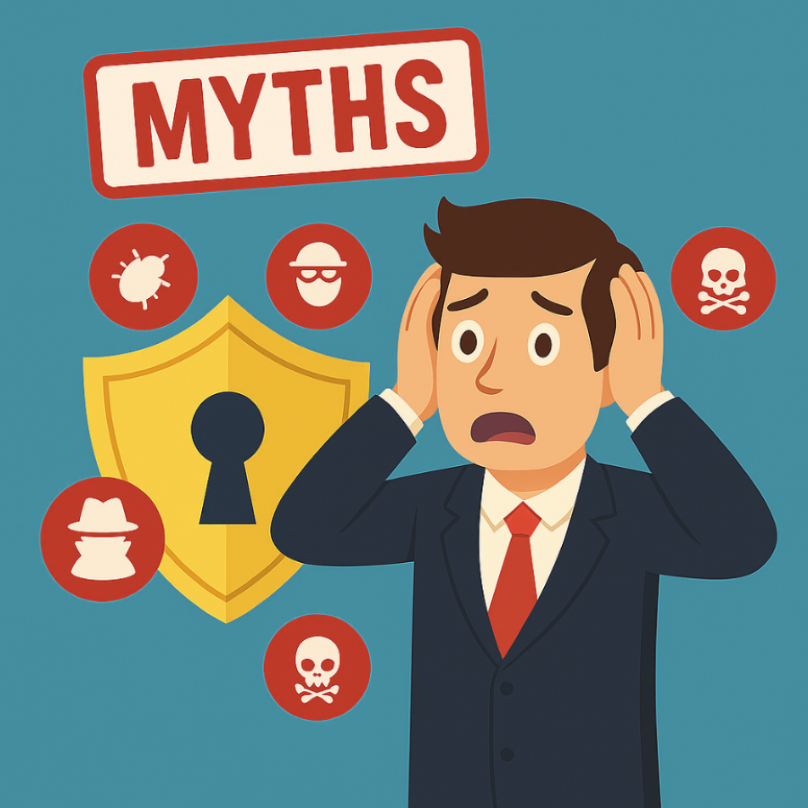 Graphic of scared man with myths