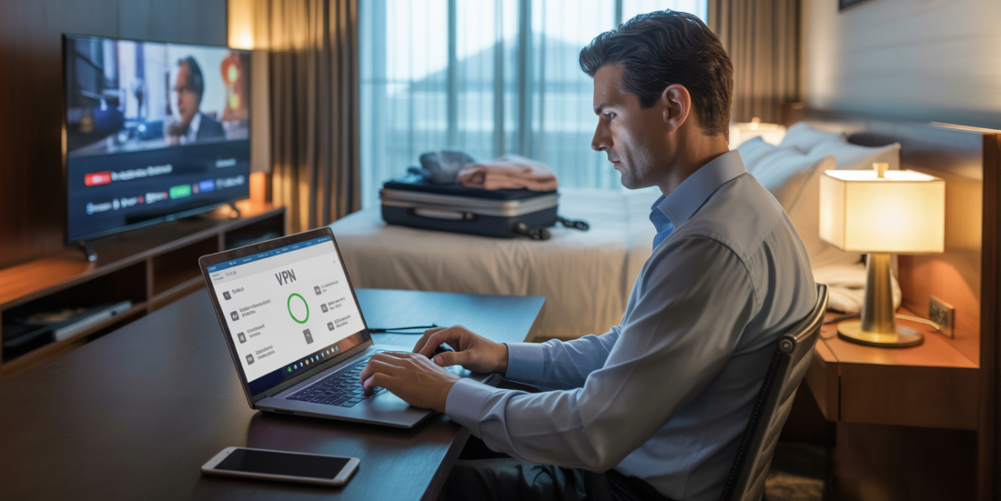 Man in hotel room on laptop