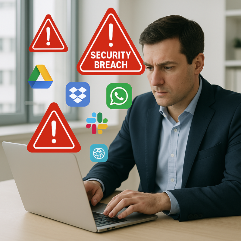 Man on laptop with security graphics floating