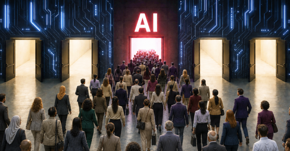 People going into door with AI above it