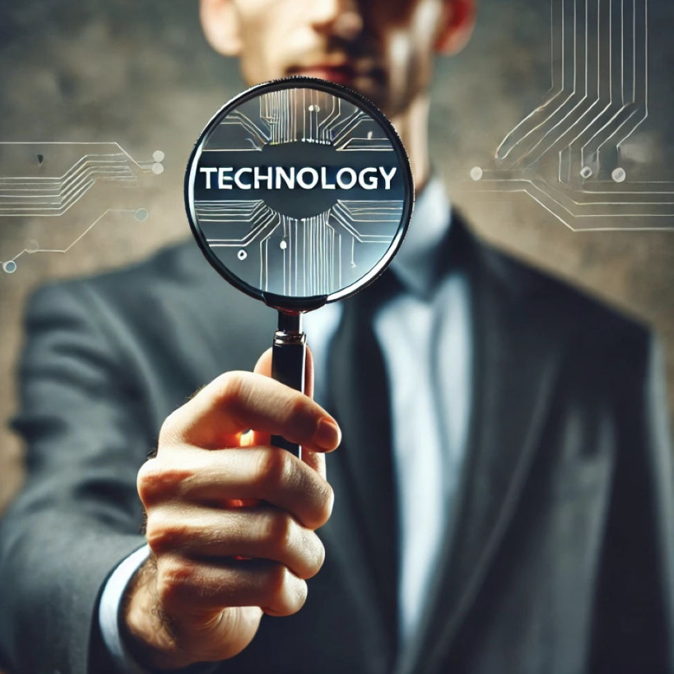 man holding magnifying glass that says technology